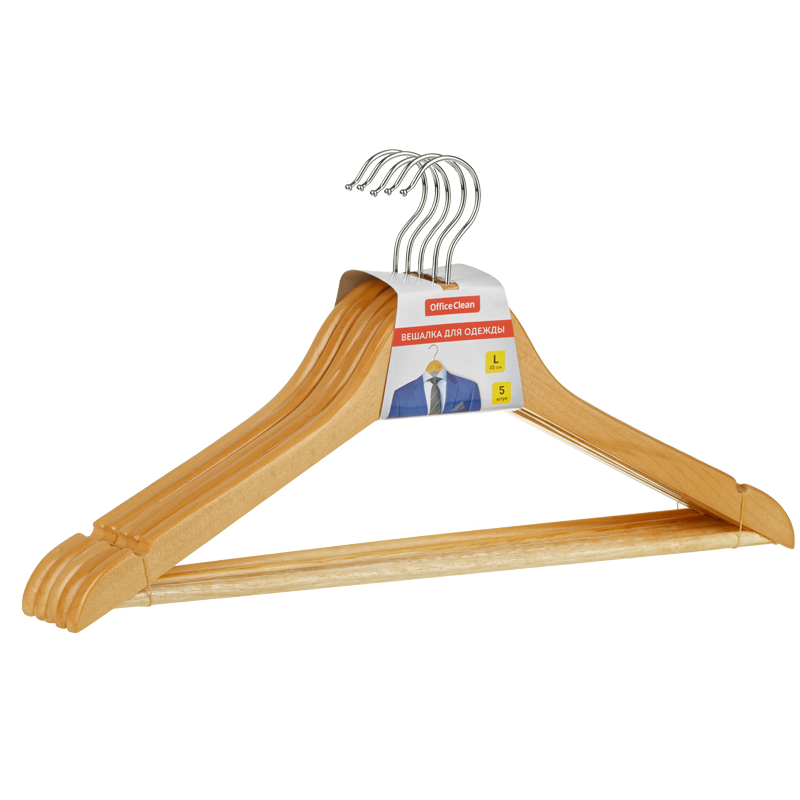Вешалка-плечики OfficeClean, набор 5шт., деревянные, с перекладиной, 45см, цвет натуральный