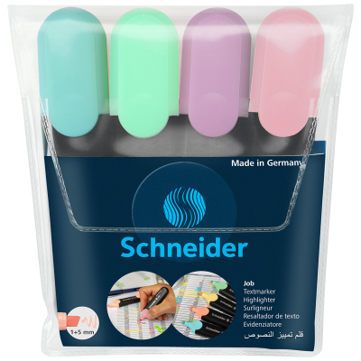 Набор текстовыделителей Schneider "Job" 04цв., пастельные ассорти, 1-5мм, прозрачный чехол/картонная упаковка