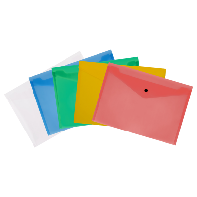 Папка-конверт на кнопке СТАММ А4, 150мкм, пластик, прозрачная, ассорти