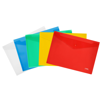 Папка-конверт на кнопке СТАММ А4, 180мкм, пластик, прозрачная, ассорти