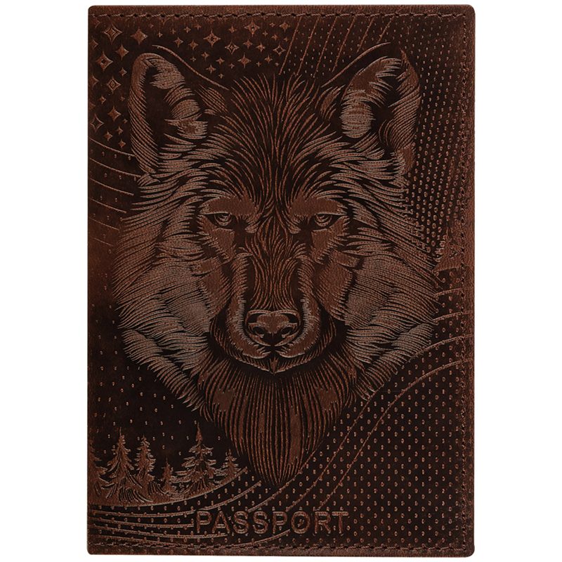 Обложка для паспорта OfficeSpace "Волк", кожа, тиснение, коричневая