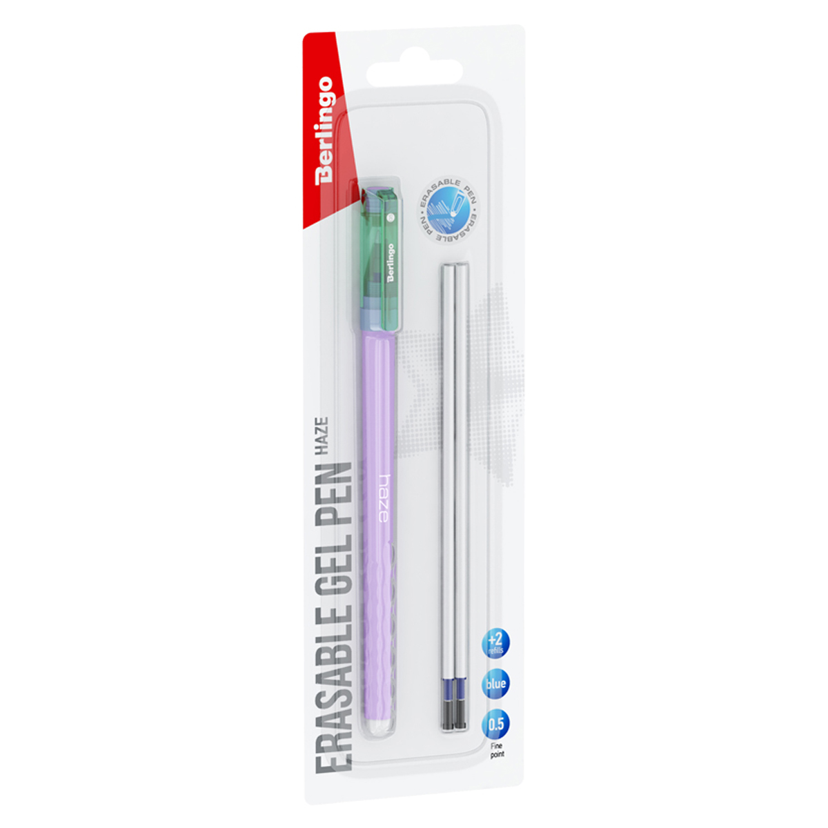 Ручка гелевая стираемая Berlingo "Haze" синяя, +2 сменных стержня, 0,5мм, прорезин. корпус, фиолетовый корпус