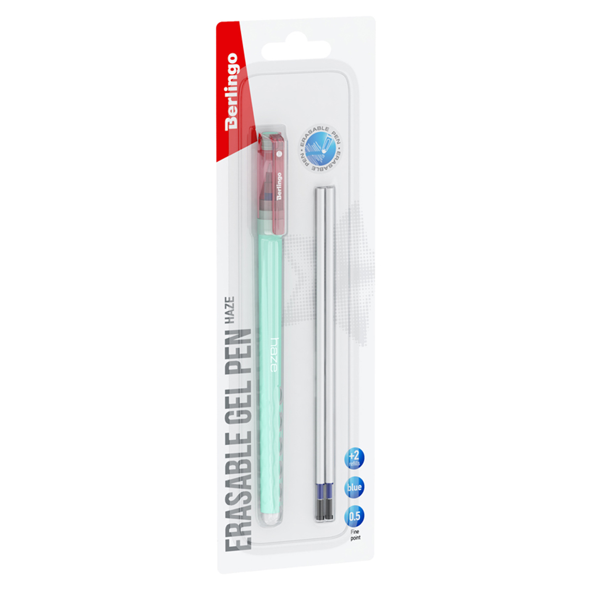 Ручка гелевая стираемая Berlingo "Haze" синяя, +2 сменных стержня, 0,5мм, прорезин. корпус, зеленый корпус