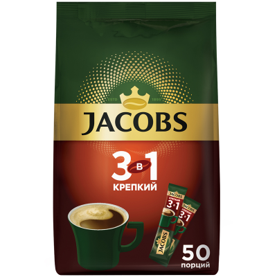 Кофе растворимый Jacobs "Крепкий", 3в1, порошкообразный, порционный, 50 пакетиков*13,5г, пакет