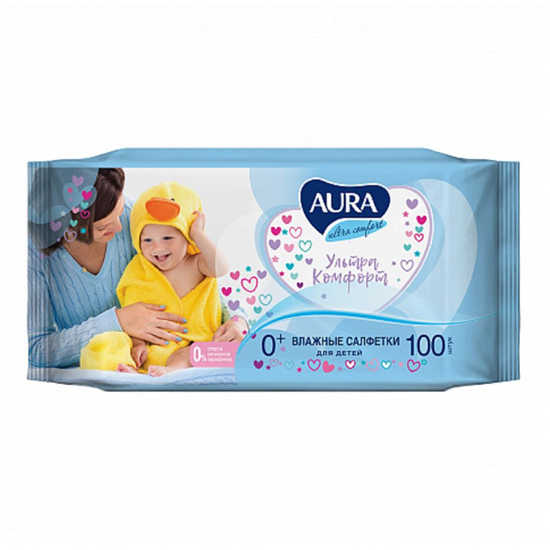 Салфетки влажные Aura "Ultra comfort", 100шт., детские, универсал. очищающие, без спирта