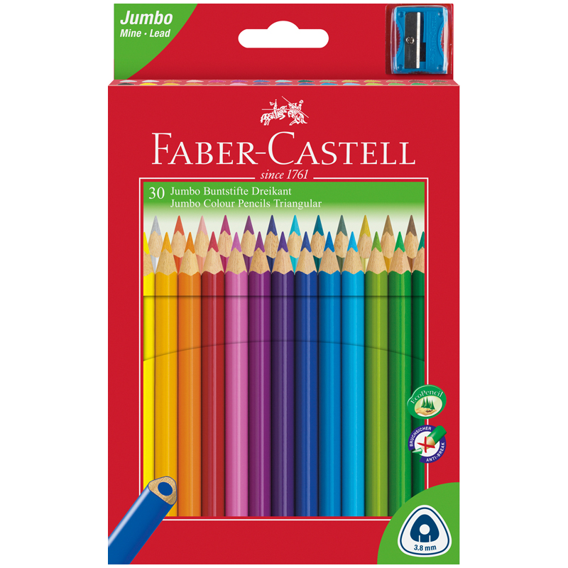 Карандаши цветные Faber-Castell "Jumbo" 30цв., трехгран., утолщ., заточен., картон, европодвес, с точилкой