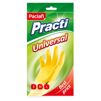 Перчатки резиновые хозяйственные Paclan "Practi. Universal", разм. L, х/б напыление, желтые, пакет с европодвесом