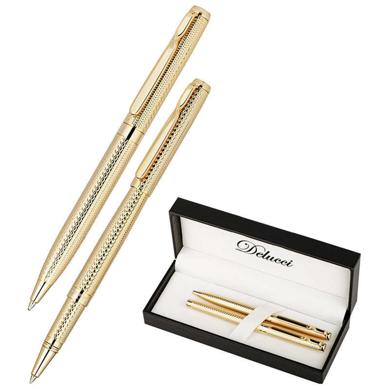 Набор Delucci "Celeste": ручка шарик., 1мм и ручка-роллер, 0,6мм, синие, корпус золото, подарочная упаковка