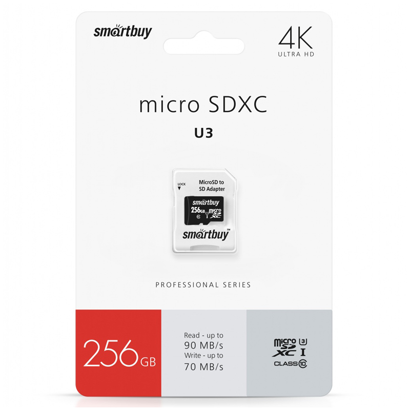 Карта памяти SmartBuy MicroSDXC 256GB PRO U3, Class 10, скорость чтения 90Мб/сек (с адаптером SD)