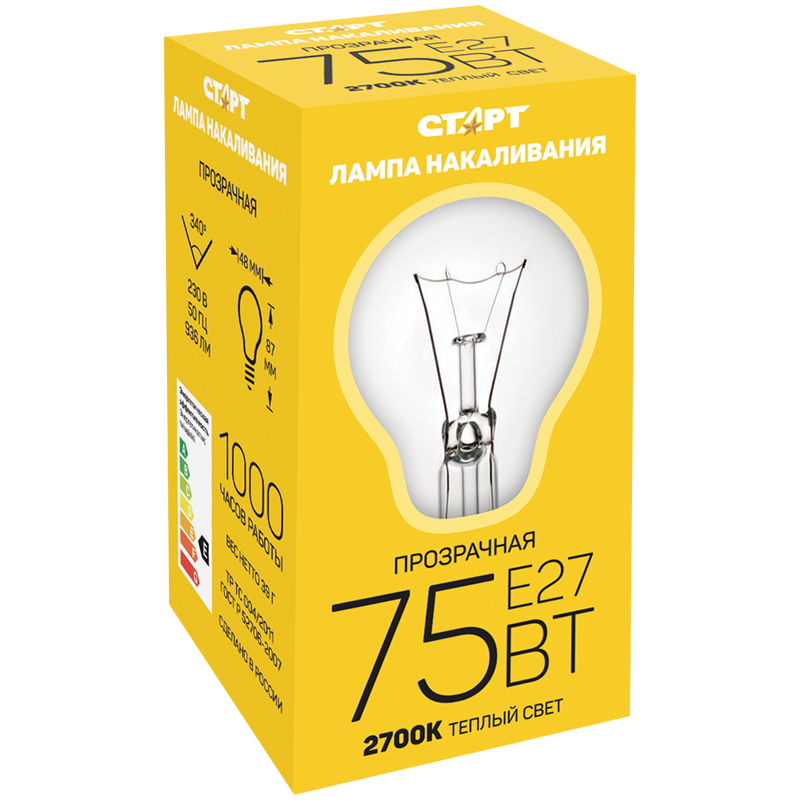 Лампа накаливания Старт Б 75W, E27, прозрачная