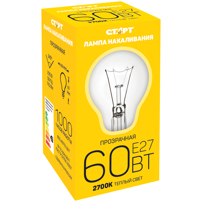 Лампа накаливания Старт Б 60W, E27, прозрачная