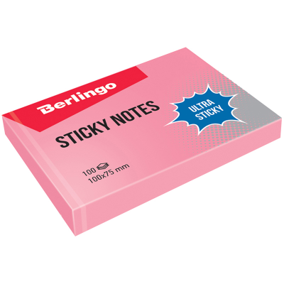Самоклеящийся блок Berlingo "Ultra Sticky", 100*75мм, 100л., пастель, розовый