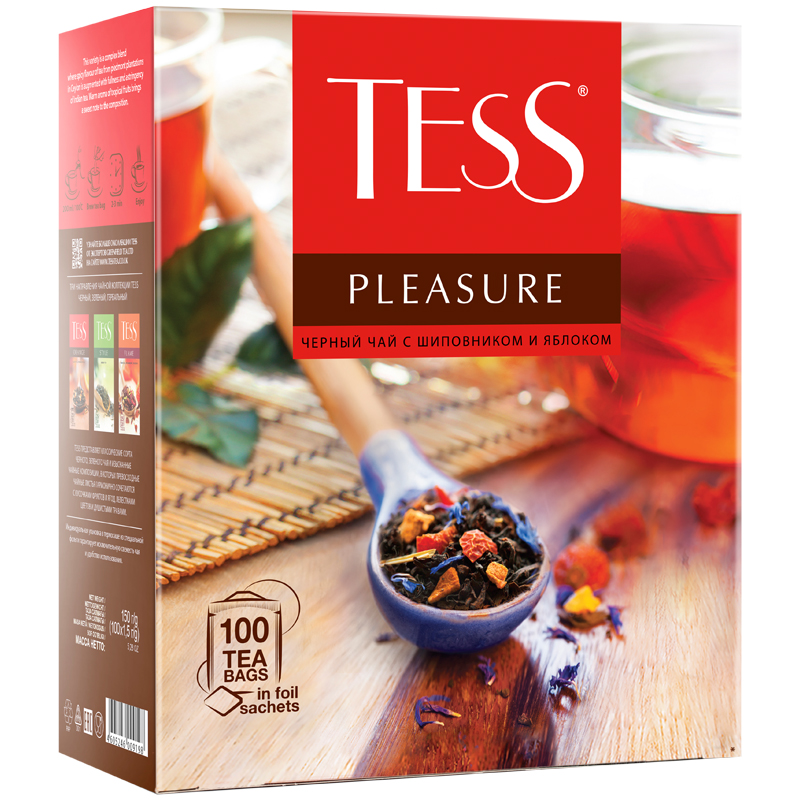 Чай Tess "Pleasure", черный, тропич. фрукты, лепестки цветов, шиповник, яблоко, 100 фольг. пакетиков по 1,5г