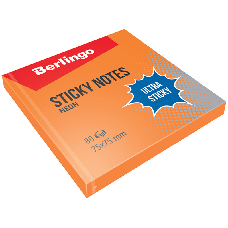 Самоклеящийся блок Berlingo "Ultra Sticky", 75*75мм, 80л., оранжевый неон