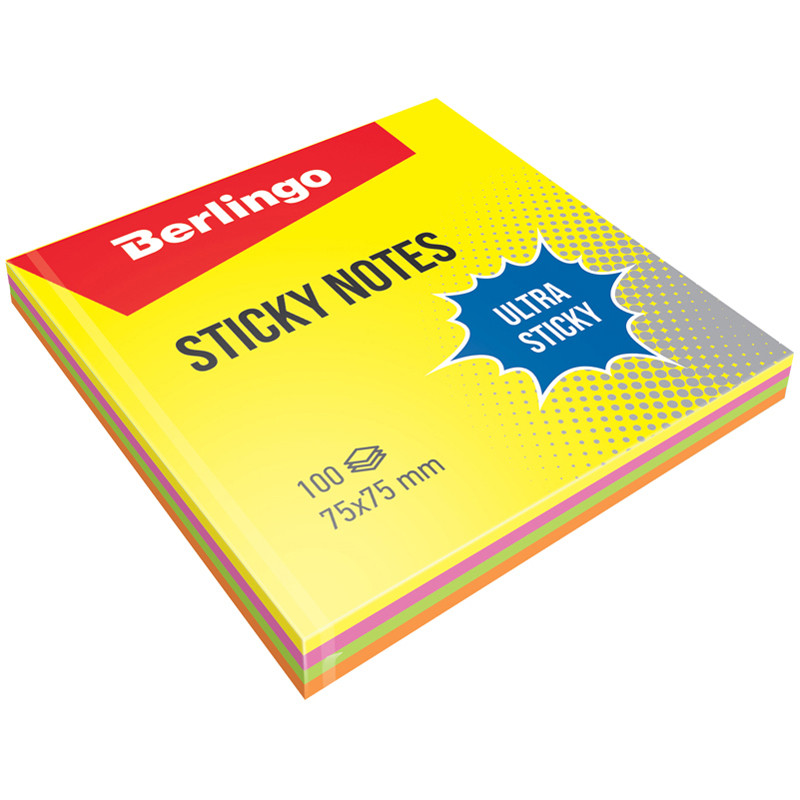 Самоклеящийся блок Berlingo "Ultra Sticky", 75*75мм, 100л., 4 неоновых цвета