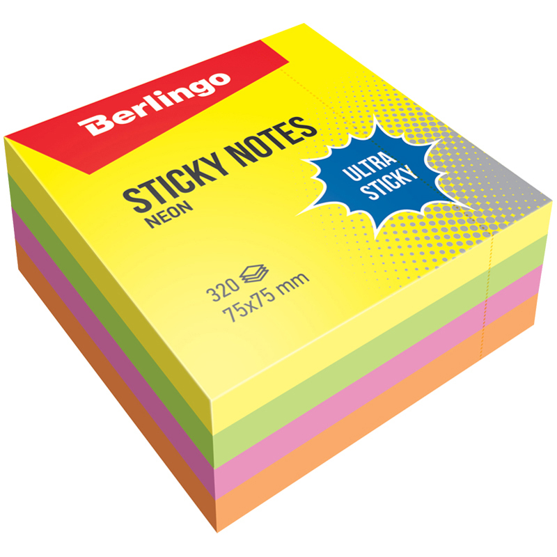 Самоклеящийся блок Berlingo "Ultra Sticky", 75*75мм, 320л., 4 неоновых цвета