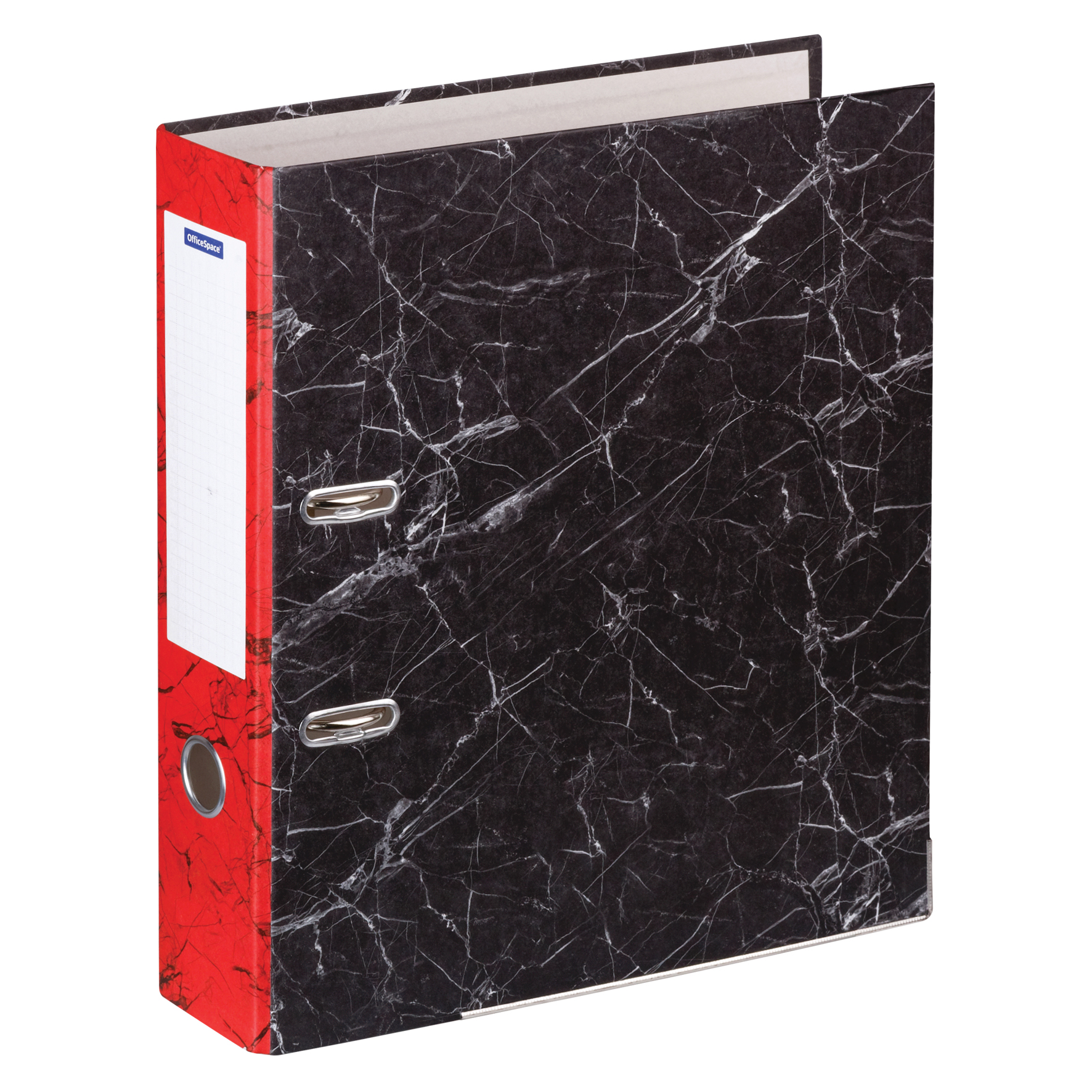 Папка-регистратор OfficeSpace, 70мм, мрамор, черная, красный корешок, нижний метал. кант