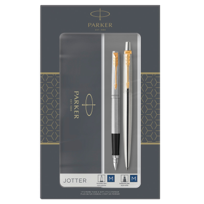 Набор Parker "Jotter Stainless Steel GT": ручка шариковая, 1,0мм и ручка перьевая, 1,0мм, подарочная упаковка