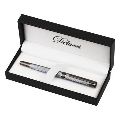 Ручка перьевая Delucci "Stellato" черная, 0,8мм, корпус серебро/хром, подарочный футляр
