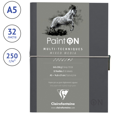 Скетчбук для смешанных техник 32л., А5 Clairefontaine "Paint ON", на сшивке, легкое зерно, серый, кожзам, 250г/м2