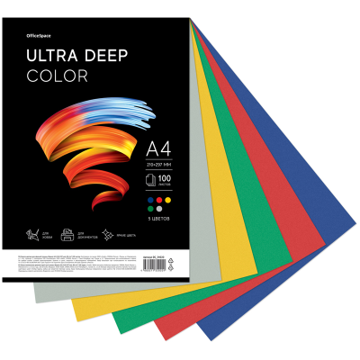Бумага цветная OfficeSpace "Ultra Deep Color", А4, 80г/м2, 100л., (5 цветов)