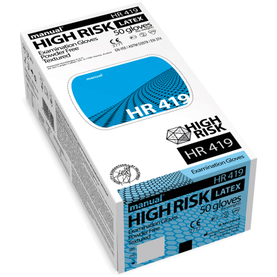 Перчатки латексные медицинские Manual "High Risk HR419", M, 50шт., неопудренные, особо прочные, картонная коробка