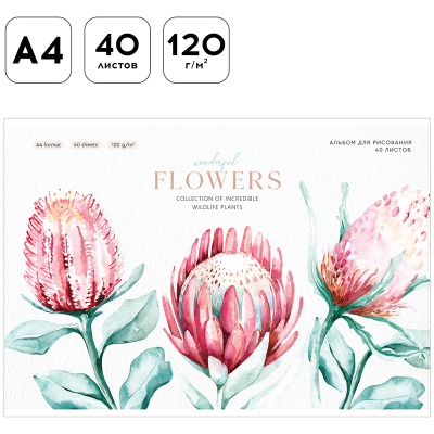 Альбом для рисования 40л., А4, на скрепке Greenwich Line "Flowers collection", 120г/м2