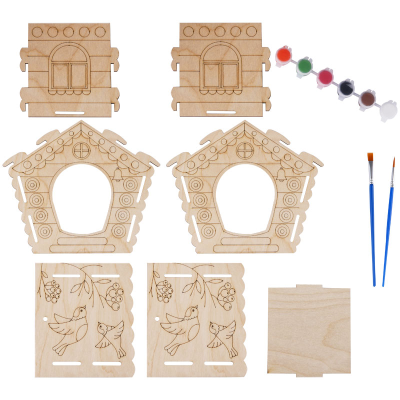 Набор для творчества 3D из дерева Мульти-Пульти "Кормушка - домик" с акриловыми красками и кистями