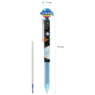 Ручка шариковая автоматическая MESHU "Space Aliens" синяя, 0,5мм, грип, корпус ассорти, с топпером