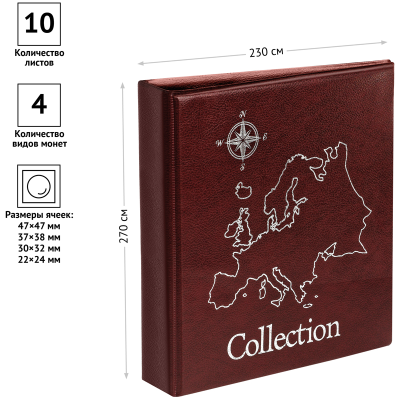 Альбом для монет OfficeSpace "Карта" формат Optima, 230*270, на кольцах, бордовый, 10л., иск. кожа