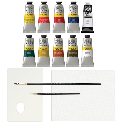 Краски акриловые Winsor&Newton "Galeria", 09цв., 60мл/туба, доска, палитра, медиум для блеска, 2 кисти, картон. упаковка