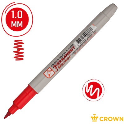 Маркер перманентный Crown "Multi Marker Super Slim" красный, пулевидный, 1мм